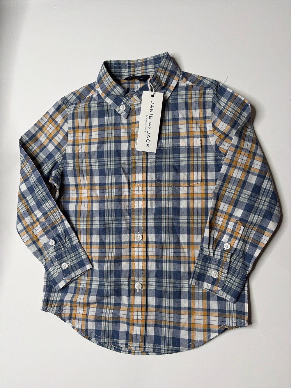 Janie and Jack Boys Plaid Button Down Shirt Blue Yellow White 2T NWT